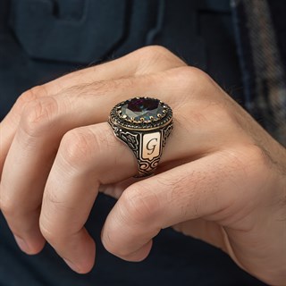 Oval Mistik Topaz Taşlı Harfli 925 Gümüş Erkek Yüzük