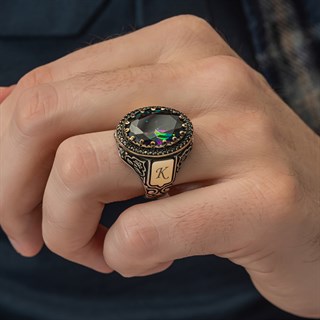 Oval Mistik Topaz Taşlı Harfli 925 Gümüş Erkek Yüzük
