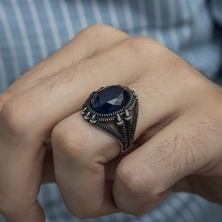 Oval Parlament Mavisi Taşlı 925 Gümüş Erkek Yüzük