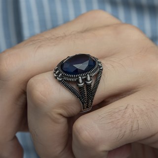 Oval Parlament Mavisi Taşlı 925 Gümüş Erkek Yüzük