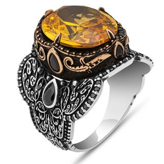 Oval Sarı Sitrin Taşlı 925 Gümüş Erkek Yüzük
