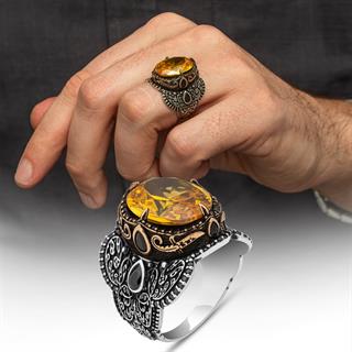 Oval Sarı Sitrin Taşlı 925 Gümüş Erkek Yüzük