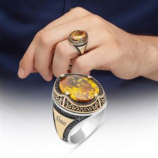 Oval Sarı Sitrin Taşlı Harfli 925 Gümüş Erkek Yüzük