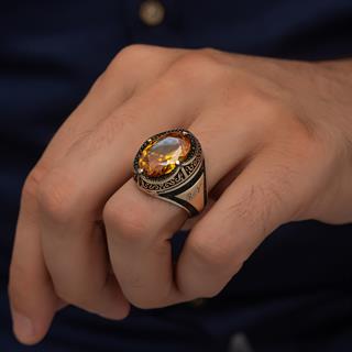 Oval Sarı Sitrin Taşlı Harfli 925 Gümüş Erkek Yüzük