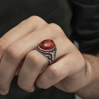 Oval Sentetik Kehribar Taşlı 925 Gümüş Erkek Yüzük