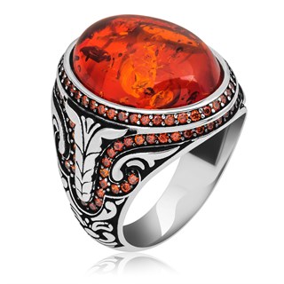 Oval Sentetik Kehribar Taşlı 925 Gümüş Erkek Yüzük