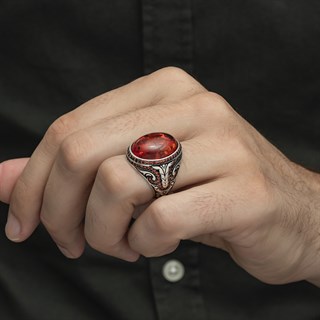 Oval Sentetik Kehribar Taşlı 925 Gümüş Erkek Yüzük