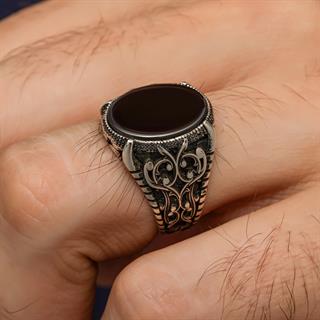 Oval Siyah Oniks Taşlı 925 Gümüş Erkek Yüzük