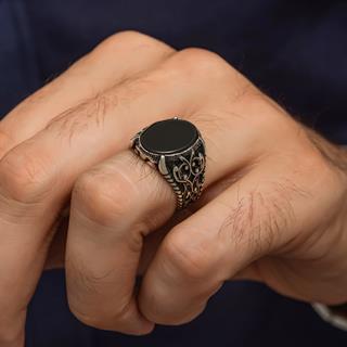 Oval Siyah Oniks Taşlı 925 Gümüş Erkek Yüzük