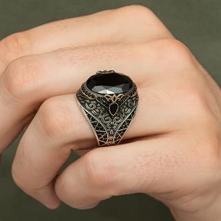 Oval Siyah Taşlı 925 Gümüş Erkek Yüzük