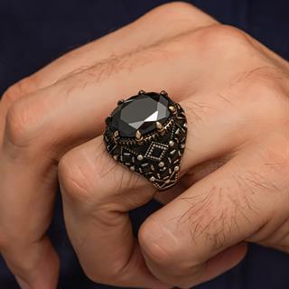 Oval Siyah Taşlı 925 Gümüş Erkek Yüzük