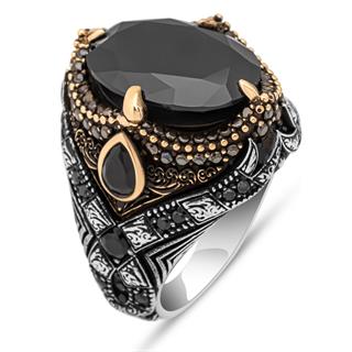 Oval Siyah Taşlı 925 Gümüş Erkek Yüzük