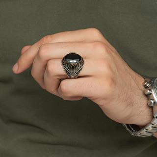 Oval Siyah Taşlı 925 Gümüş Erkek Yüzük