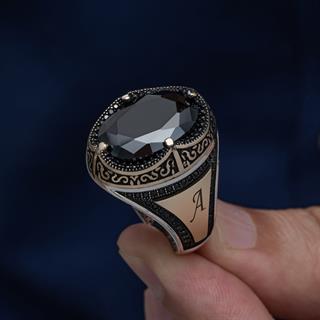 Oval Siyah Taşlı İsimli 925 Gümüş Erkek Yüzük