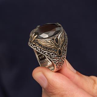 Oval Siyah Taşlı Yaprak Model 925 Erkek Gümüş Yüzük