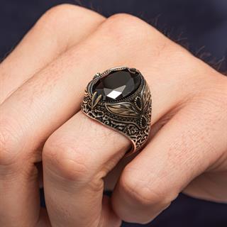 Oval Siyah Taşlı Yaprak Model 925 Erkek Gümüş Yüzük
