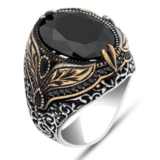 Oval Siyah Taşlı Yaprak Model 925 Erkek Gümüş Yüzük