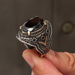 Oval Siyah Taşlı Zirkon 925 Gümüş Yüzük Erkek