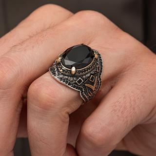 Oval Siyah Taşlı Zirkon 925 Gümüş Yüzük Erkek