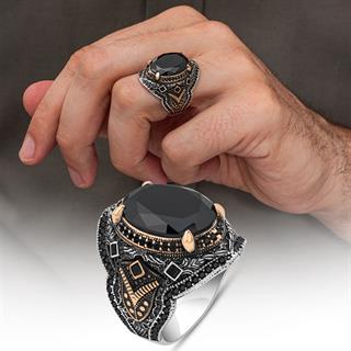 Oval Siyah Taşlı Zirkon 925 Gümüş Yüzük Erkek