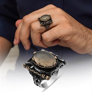 Oval Yemen Akik Taşlı Elifvav 925 Ayar Gümüş Yüzük