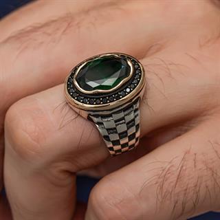 Oval Yeşil Taşlı Kordon Modeli 925 Gümüş Erkek Yüzük
