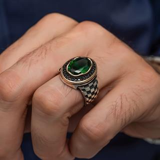 Oval Yeşil Taşlı Kordon Modeli 925 Gümüş Erkek Yüzük