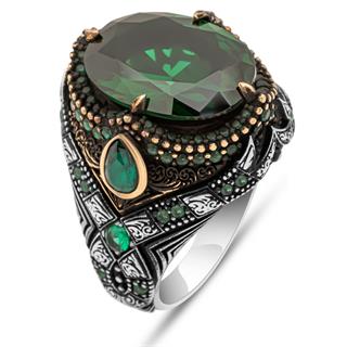 Oval Yeşil Taşlı 925 Gümüş Erkek Yüzük