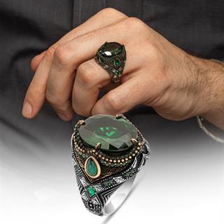 Oval Yeşil Taşlı 925 Gümüş Erkek Yüzük