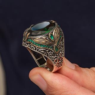 Oval Yeşil Taşlı Yaprak Model 925 Erkek Gümüş Yüzük