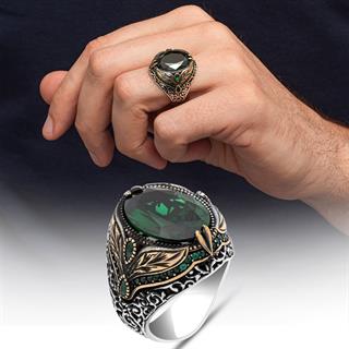 Oval Yeşil Taşlı Yaprak Model 925 Erkek Gümüş Yüzük