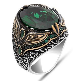 Oval Yeşil Taşlı Yaprak Model 925 Erkek Gümüş Yüzük