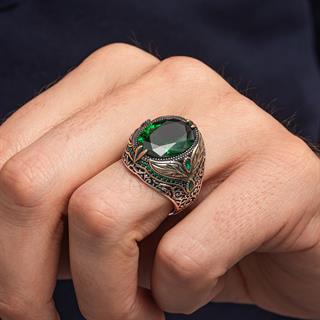 Oval Yeşil Taşlı Yaprak Model 925 Erkek Gümüş Yüzük