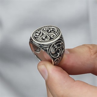 Oyma Desenli Oval Taşsız 925 Gümüş Erkek Yüzük
