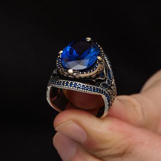 Parlament Mavisi Taşlı 925 Gümüş Erkek Yüzük