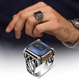 Parlament Mavisi Taşlı Kare 925 Gümüş Erkek Yüzük