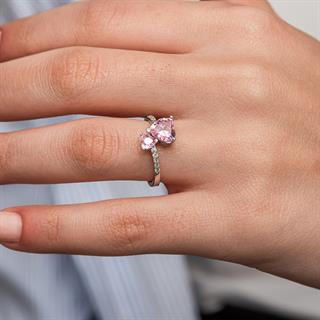 Pembe Taşlı Kalpli 925 Gümüş Yüzük Kadın