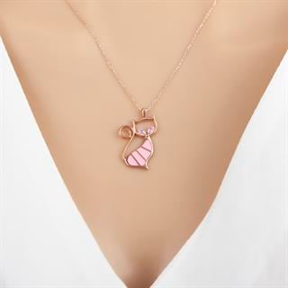 Pembe Kedi Modeli Rodyum Kaplama 925 Gümüş Kadın Kolye