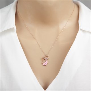 Pembe Kedi Modeli Rodyum Kaplama 925 Gümüş Kadın Kolye