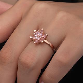 Pembe Lotus Çiçeği Rose Gümüş Kadın Yüzük
