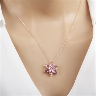 Pembe Lotus Çiçeği Rose Kaplama 925 Gümüş Kadın Kolye