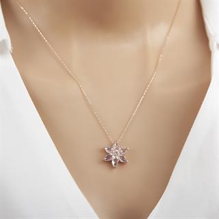 Pembe Taşlı Kamelya Çiçeği 925 Gümüş Kadın Kolye