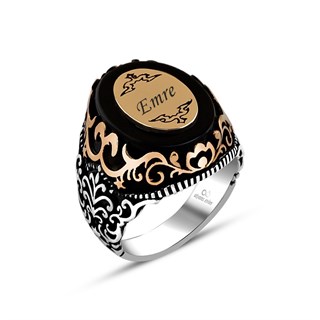 Plaka İsimli Siyah Onix Taşlı 925 Gümüş Erkek Yüzük