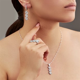 Rodyumlu Zirkon Taşlı Baget Gümüş Bayan Takı Seti