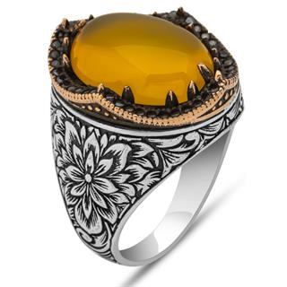 Sarı Akik Taşlı Kakma Oyma Motif 925 Gümüş Erkek Yüzük