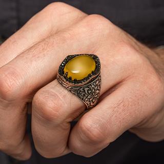 Sarı Akik Taşlı Kakma Oyma Motif 925 Gümüş Erkek Yüzük