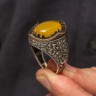 Sarı Akik Taşlı Kakma Oyma Motif 925 Gümüş Erkek Yüzük