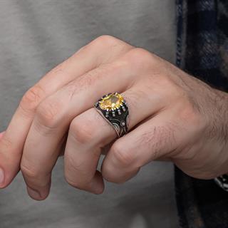 Sarı Taşlı Pençeli Harfli 925 Gümüş Erkek Yüzük