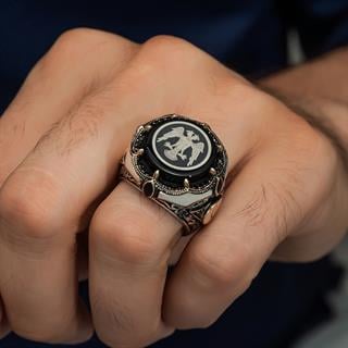 Selçuklu Çift Başlı Kartal Yuvarlak Harfli 925 Gümüş Erkek Yüzük