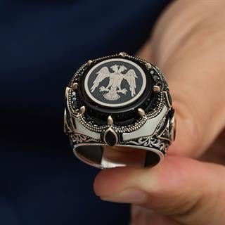 Selçuklu Çift Başlı Kartal Yuvarlak Harfli 925 Gümüş Erkek Yüzük